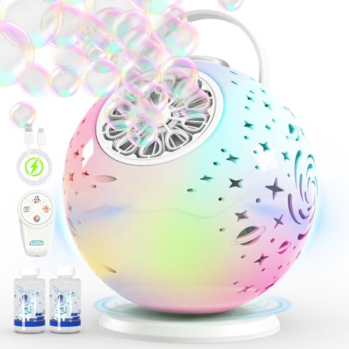Rechargeable Bubble Machine 360° Rotation LED Lights, Automatic Bubble Blower for Outdoor Party Birthday Gift for Kids