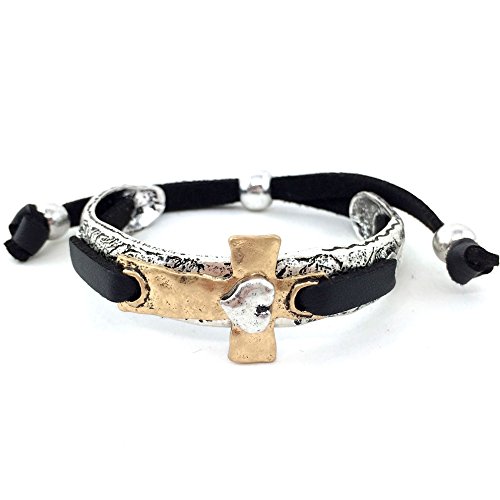 Western PeakWestern Tritone Hammered Heart Cross Leather Cuff Bracelet