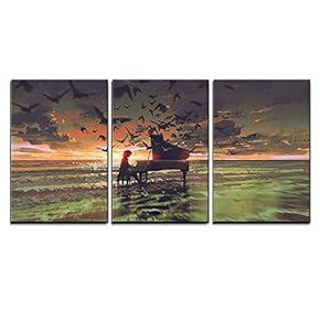 3 Piece Canvas Wall Art - Illustration - Digital Art of The Man Playing Piano Among Crowd of Birds on The Beach - Modern Home Art Stretched and Framed Ready to Hang - 16"x24"x3 Panels