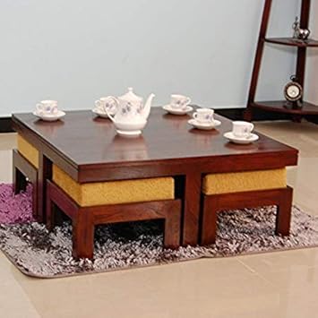 Unique Furniture Sheesham Wood Coffee Table for Living Room | Center Table | with 4 Stools | Walnut Finish with Cream Cushion