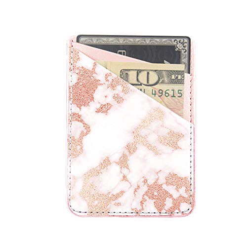 Obbii Rose Gold Marble Pink PU Leather Card Holder for Back of Phone with 3M Adhesive Stick-on Credit Card Wallet Pockets for iPhone and Android Smartphones