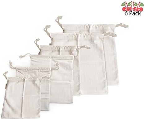 PreserveNext Reusable Organic Produce/Multi-purpose Cotton Bags - For Storing Spices, Vegetables, Fruits | Crafting | Knitting | Party Favors | Pinata Bags | Goodies – 6 Pack (2 each of S, M, L)