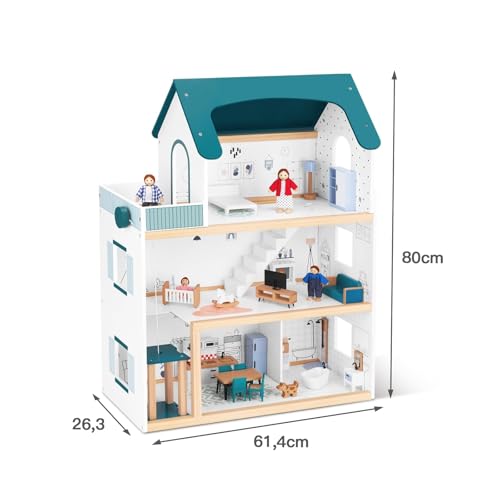 OOOK Wooden Dollhouse with Elevator, Large Doll House for Girls from 3 Years, Includes 21 Furniture, 4 Family Dolls and a Dog