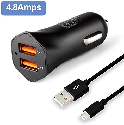 Fleeken 4.8A/24W Apple Car Charger Dual USB with 3 Feet 8 Pin Certified Lightning Charging and Sync Cable