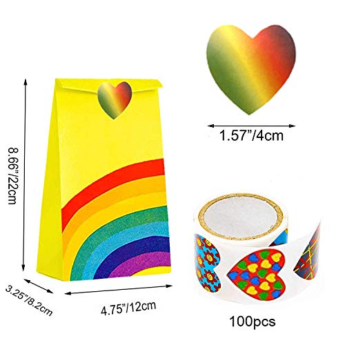 40 Pieces Rainbow Party Favor Bags Kraft Paper Bag Paper Candy Goody Bag for Kids Birthday Parties, Wedding, Carnivals, Celebrations, Classroom Party - with A Roll of 100 Heart Stickers