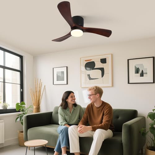 GESUM 42" Ceiling Fan with Lights Remote Control, Low Profile Ceiling Fan with 3 Walnut Wood Blades, Reversible,Dimmable, Flush Mount Ceiling Fans for Living Room Kitchen Bedroom(Black+Walnut)