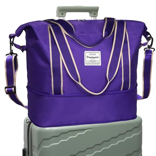 DMLuna Travel Duffel Bag, Tote Sports Gym Bag, Shoulder Overnight Weekender Bag for Women & Men, Hospital bag, Expandable Duffel Bag with Trolley Sleeve/Wet Pocket