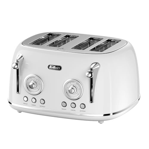 Feller Germany, Retro Style 4-Slice Toaster, 1630 W, Steel Body, 2 Dust Covers & 2 Bun Warmers, Defrost, Reheat& Cancel, 4 Extra wide Bread Slots, Metal Crumb Tray, TO490, 2Y Guarantee (Glossy White)