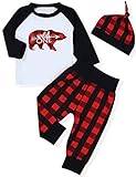 Baby 1st Birthday Outfits Wild One Long Sleeve T-Shirt with Red Plaid Pant and Hat (A-Red+Black+White, 12-18 Months)