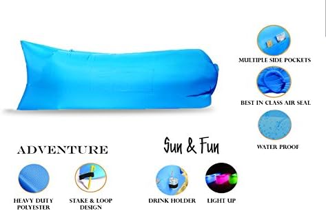Air Sofa in a Bag, no Pump Easy Inflatable Lounger, with Pockets, 2 Variants: ADVENTURE Extra Long &amp; Heavy Duty + Stake, SUN &amp; FUN Lightweight with Drink Holder + Party LIGHT (Adventure Blue)