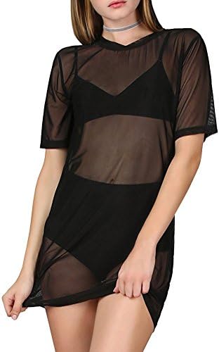 Women's Sexy Beach Cover Ups Short Sleeve See Through Gauze Sheer Mesh T-Shirt Dress