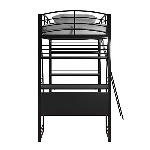 DHP Studio Loft Bunk Bed Over Desk and Bookcase with Metal Frame, Black