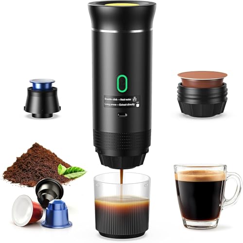 Portable Electric Espresso Machine, 3 in 1 Portable Coffee Machine, 5 Minutes Self-Heating, with USB-C Compatible with Small Capsules, Large Capsules, Ground Coffee