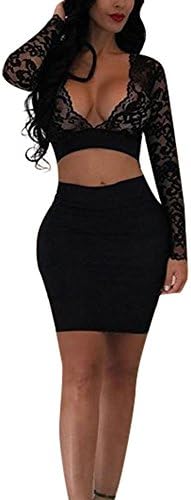 Zestway Women's Sexy 2 Pieces Dress Lace See Through Bodycon Long Sleeve Crop Tops Midi Skirt
