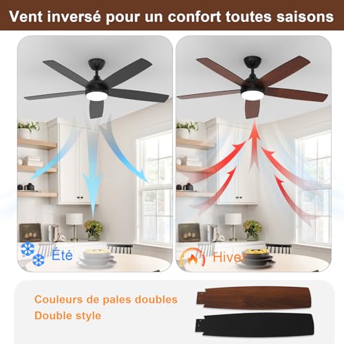 Dorlink Ceiling Fan with Light and Remote Control, 132 cm, Silent DC Motor, Ceiling Fan with Light for Bedroom, Living Room, Kitchen, Black/Walnut