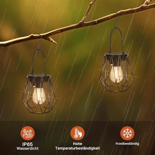 Ketom Pack of 2 Solar Lights for Outdoor Hanging Solar Lantern for Outdoor Standing Metal IP65 Waterproof Solar Pendant Lamp Outdoor Vintage with LED Bulb and Hook, Diamond, Black, for Outdoor Lawn