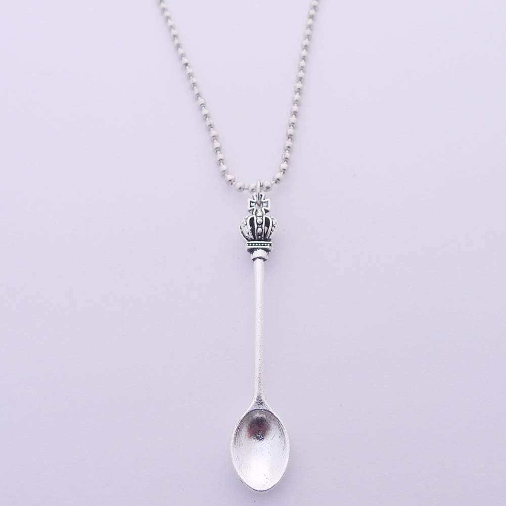 BGY Crown Mini Tea Spoon Pendant Necklace Silver Long Chain Charm Jewelry For Women Sweater Jewelrys(silvery)