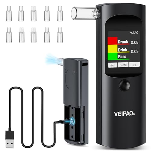 VEIPAO Portable Breathalyzer Certified Alcohol Test: Professional Italian Alcohol Test with 11 Mouthpieces – Breathalyzer with Digital LCD Screen High Accuracy for Personal Use Home Test, Black