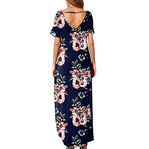 Lloopyting Women's Print Casual Loose Pocket Long Straight Dress Short Sleeve V-Neck Fashion Maxi Dress Blue