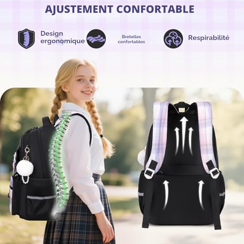 Tanou Girls Primary School Bag, Waterproof Daypack School Backpack for Teens, Kawaii Checked School Bag for Girls 9-16 Years Old for Travel