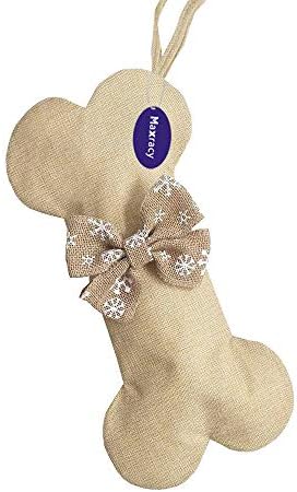 Maxracy Burlap Christmas Stockings Xmas Fireplace Hanging Bone Shape with Bowtie and Hanging Loop for Pet Dog Holiday Decoration Ornaments Make DIY Craft (Snow Bowtie)