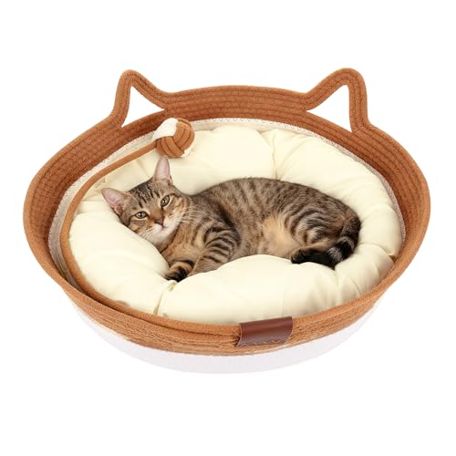 Zocipro Cotton Rope Cat Bed with Cushion, 46 x 46 x 16 cm, Large Round Washable Bed with Ball Toy in Cotton Rope