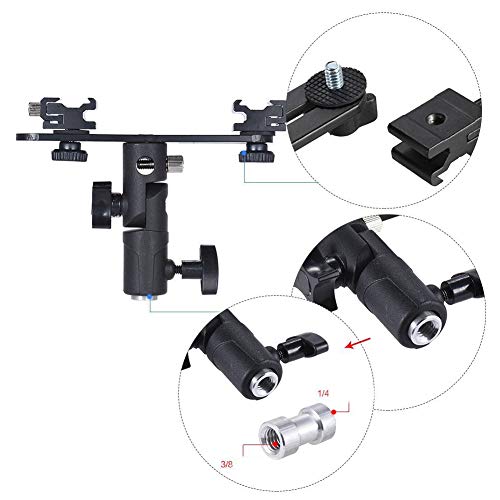 TEZONG Adjustable Dual Flash Bracket Hot Shoe Speedlight Stand Umbrella Socket Holder Light Stand Bracket Mount 1/4" to 3/8'' for Photo Studio Video DSLR Camera Canon Nikon Yongnuo Photography - Thumbnail 3