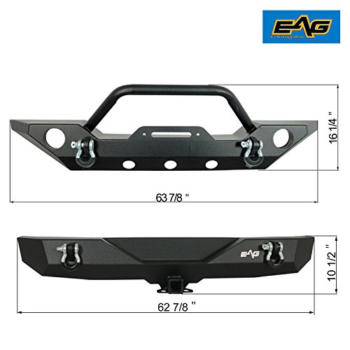 EAG Fit for 07-18 JK Wrangler Front Bumper with Fog Light hole and Rear Bumper with 2" Hitch Receiver Combo