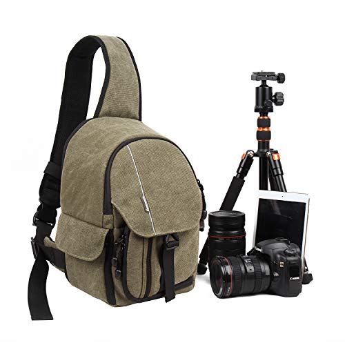 Camera Sling Bag Backpack DSLR Mirrorless Camera Case Canvas Shoulder Chest Bag with Tablet Compartment for Camera Lens and Accessories Waterproof Tripod Monopod Holder by BESNFOTO