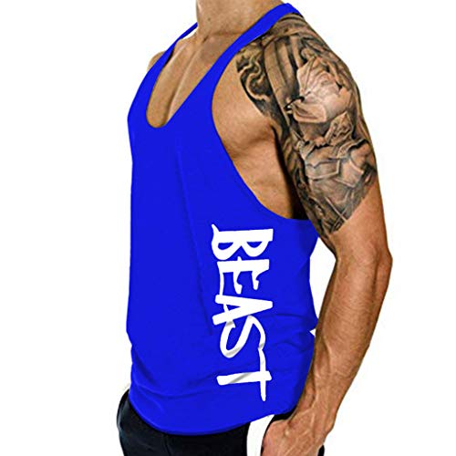 SSYUNO Men's New Summer Round Neck Sports Vest Cotton Printed I-Shaped Training Tank Top Blue
