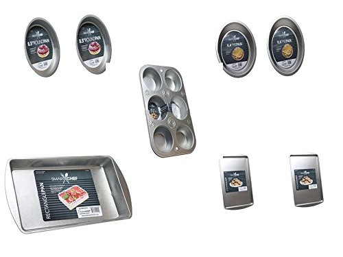 Click Here to See More Images Smart Chef 8 PC Bakeware Set 1 Cupcake Pan, 2 Round Baking Pan, 1 Rectangular Pan, 2 Rectangular cookie sheet, 2 Round Pie Pan.