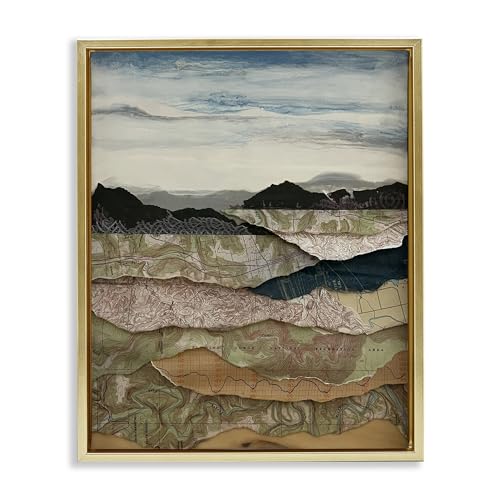 'Map Collaged Mountains Landscape'| Floating Frame Canvas Art