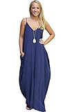 JOX JOZ Women's Boho Low V-neck Adjustable Shoulder Straps Maxi Dress (XL, Navy Blue)
