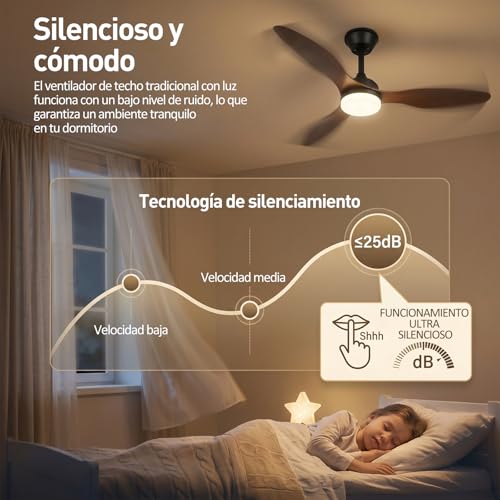 Ventilador de Techo con Luz de 107cm, 42 Inch Ceiling Fan, Color madera negro, Control de aplicaciones móviles con Control Remoto, 6 Velocidades, Luz LED de 3 Colores, 3 Cuchillas, Motor CC Reversible