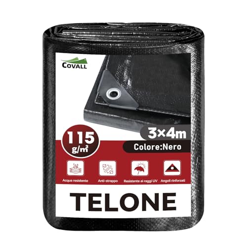 COVALL Waterproof Tarpaulin 115 g/m² 3 x 4 m Black Tear-resistant Anti-UV with Metal Eyelets Multipurpose for Camping, Garden, Car and Trampoline