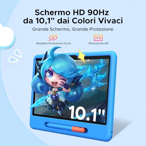 Luzglo P10 Kid Tablet Bambini 10 Pollici, Tablet Android 16, 90Hz, 32GB RAM+64GB ROM, 7000mAH, Vetro Curvo 2.5D, WiFi5/Face ID/OTG/Widevine L1, Include Accessori per Tablets per Bambini, Blu