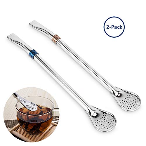 2 PCS Stainless Steel Reusable Drinking Spoon, Echeer Color Assorted Anti-Scratching Metal Straws Straws Stirrer for Coffee, Tea, Juice, Smoothies