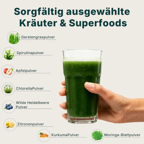 Green Detoxification Powder, 200 g Superfood Helper Powder with Spirulina, Barley Grass, Chlorella, Inulin, Choline, Probiotics & Blueberry for Digestion, Energy Metabolism, Fat Metabolism & Liver