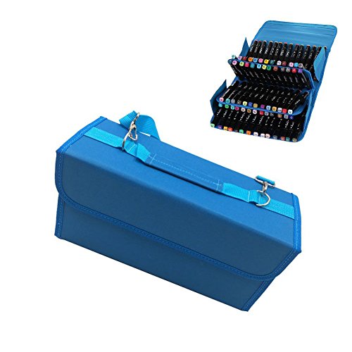 80 Slots Marker Pen Carrying Bag Makeup Bag, Extendable and Foldable Oxford Marker Case for Dry Erase Marker, Liquid Chalk Highlighter, Stamp Marker (blue)