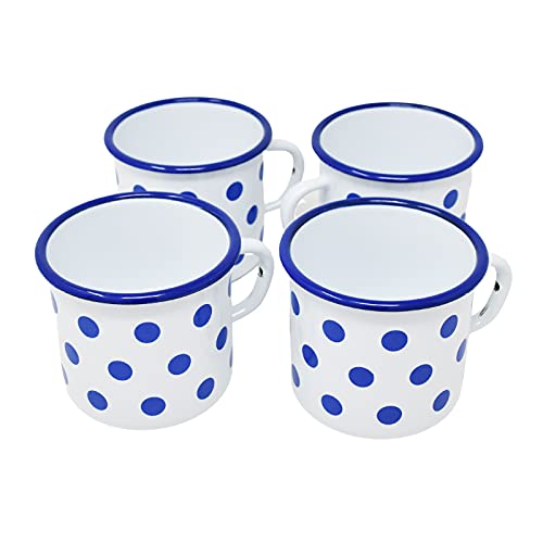 SET OF 4 ENAMELLED METAL MUGS - 400ML - WHITE WITH BLUE DOTS