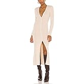dsumvns Womens Knitted Button Up Maxi Dress Long Sleeve V Neck Ribbed Bodycon Elegant Sweater Long Dresses
