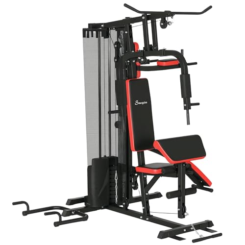 Soozier All-in-One Home Gym System, Multi Gym Workout Station with Weight Stack, LAT Pull Down, Sit up Bench, Push up Stand, Adjustable, for Full Body Training