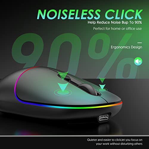 LED Wireless Mouse, RAPIQUE Rechargeable Silent RGB Light Up Computer Mouse with USB Receiver & Type-C Adapter, 2.4G Slim Portable Office Cordless Mice for Laptop, PC, ChromeBook, Tablet, Mac(Black)