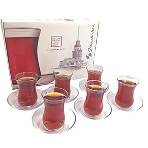 Juego de vasos y platillos turcos de té, diseño Pasabahce, juego de 6 unidades, 120 cm³. 113 g. Apto para lavavajillas.