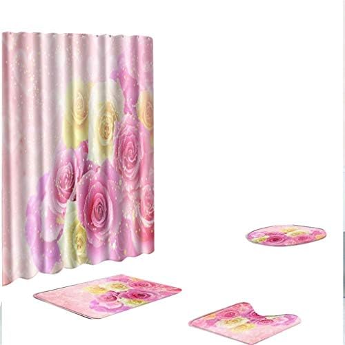 NIHAI 4 Piece Bathroom Set, Flower Pattern Waterproof Shower Curtain Set, Anti-Slip Water Absorption Soft Bathroom Set, Toilet Lid Cover and Bath Mat (C)