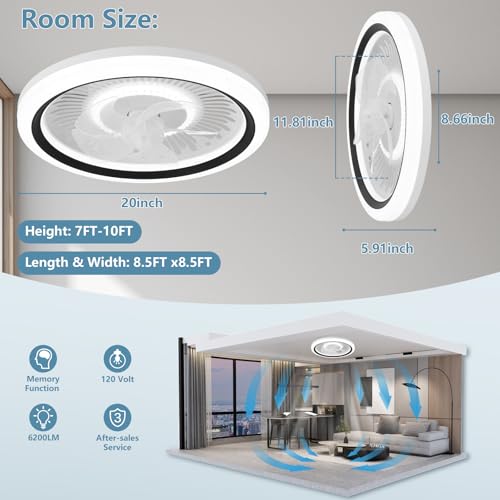Spnoid Ceiling Fan with Lights and Remote,20'' Low Profile Ceiling Fans with Lights, Fandelier Ceiling Fan Light,DC Quiet Motor,3000K-6500K Dimmable,Modern Flush Mount Ceiling Fan for Bedroom,Black
