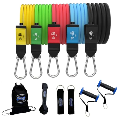 Bodylastics Patented Basic Series Resistance Band Set - Resistance Bands with Snap Reduction Tech, 2 Handles, 2 Ankle Straps, 1 Door Anchor & 1 Carry Bag