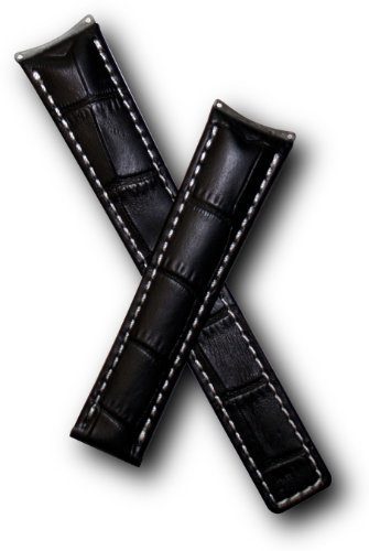 19mm Black Alligator-style Genuine Leather Watchband with White Stitching to Fit TAG Heuer 6000 Series Gents models