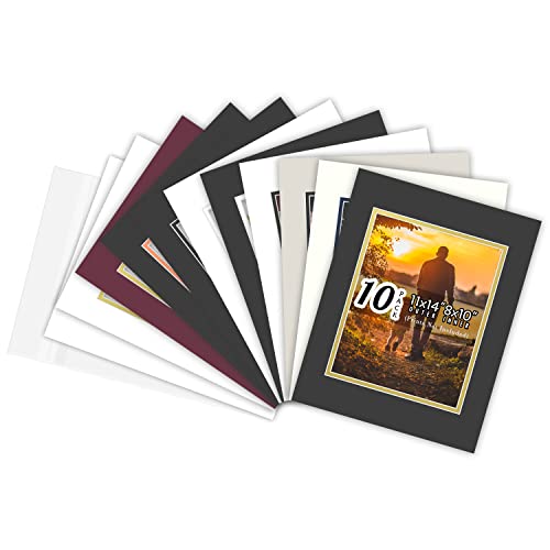 Golden State Art, Pack of 10 11x14 Double Picture Mats with White Core Bevel Cut for 8x10 Pictures + Backing + Bags, Mix Color