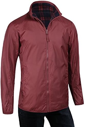 Mabssi Mens Long Sleeve Check Pattern Full Zip Windbreaker Jacket, DARKRED, Large